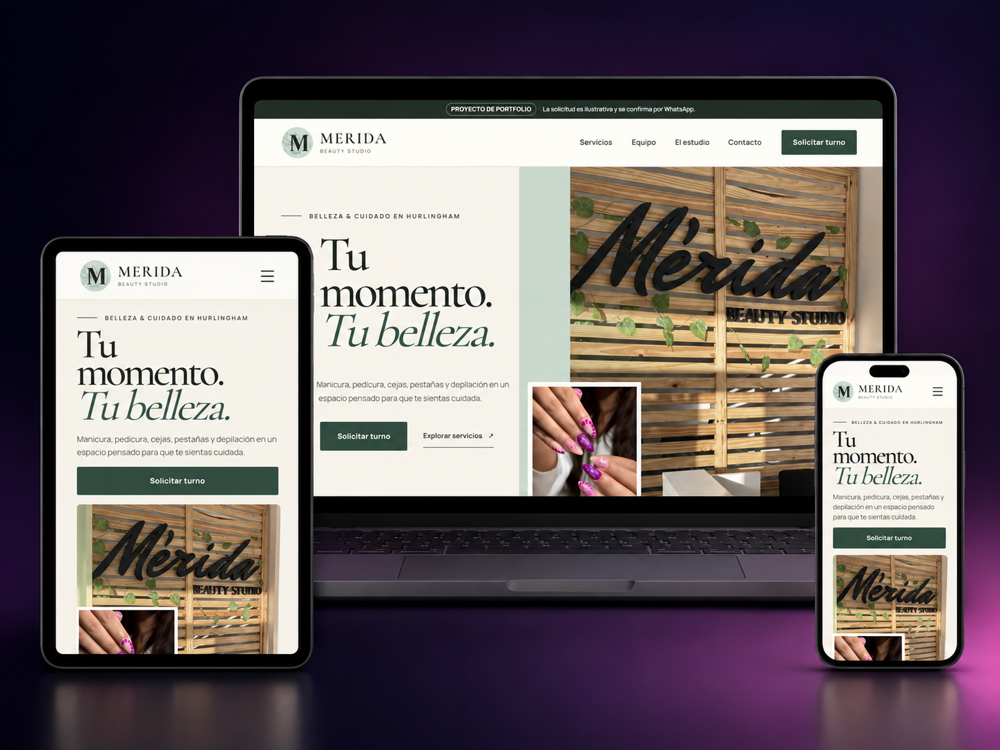 Mockup de Mérida Beauty Studio en computadora, tablet y celular